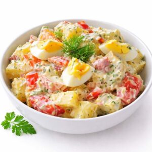 Un bol blanc rempli de SALADE PIÉMONTAISE (200g) - pommes de terre en morceaux, œufs durs, tomates, herbes et vinaigrette crémeuse - agrémentée d'aneth et de persil.