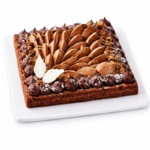 La TARTE DUO ET CHOCOLAT (10 parts) est un gâteau au chocolat carré sur une assiette blanche, garni de tourbillons de glaçage au chocolat, de topping émietté, de sucre en poudre et de deux morceaux de chocolat blanc en forme d'ailes de papillon.