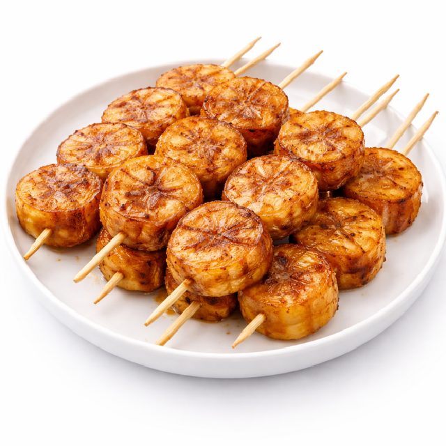 BROCHETTES DE BANANES PLANTAIN (Minimum de commande 10 brochettes) : Des tranches dorées de plantain sur des brochettes, joliment disposées en cercle sur une assiette blanche, prêtes à déguster.